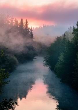 Misty River at Sunrise