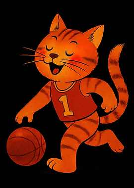 Cartoon Cat Playing Basketball