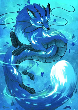 Blue Fox Dragon Hybrid Illustration