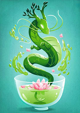 Green Dragon in Tea Cup Illustration
