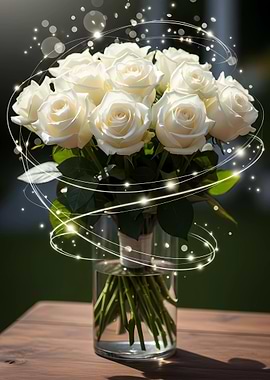White Roses in Glass Vase with Lights