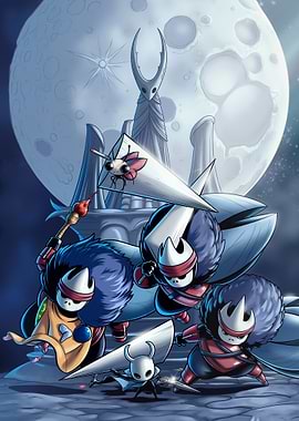 Hollow Knight characters under the moon