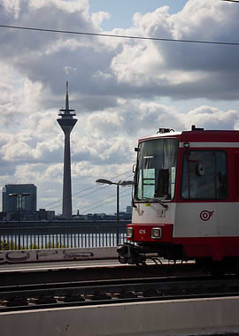 Düsseldorf cityscape with train and tower