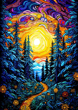 Colorful Forest Path at Sunset