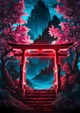 Japanese Torii Gate with Cherry Blossoms