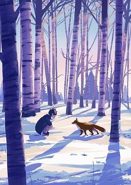 Boy and Fox in Winter Forest