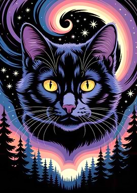 Cosmic Cat Portrait with Forest