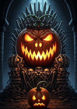 Halloween Pumpkin King on Bone Throne