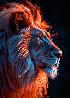 Lion Portrait with Orange and Blue Lighting