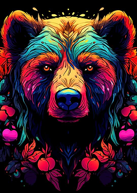 Colorful Bear Portrait with Floral Accents