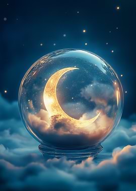 A glowing crescent moon suspended in a glass orb
