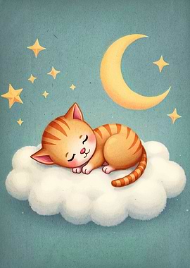 Sleeping Cat on Cloud with Moon