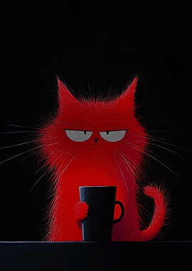 Grumpy Red Cat with Coffee Mug