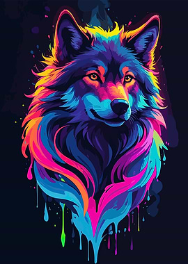 Colorful Wolf Portrait on Dark Background
