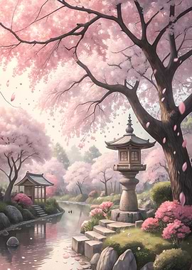 Cherry Blossom Garden with Stone Lantern