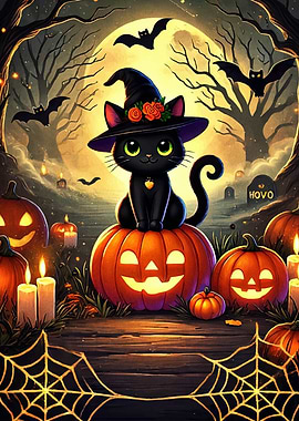 Halloween Cat on Pumpkin