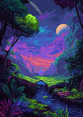 Pixel Art Fantasy Landscape with Waterfall