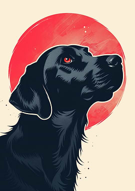 Loyal black dog vector portrait with bold red sun backdrop
