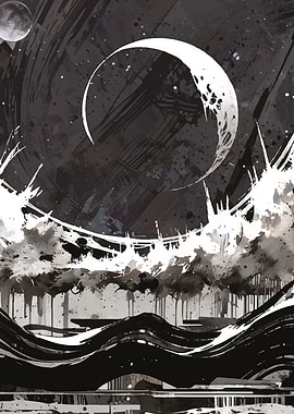 Monochrome Moonlit Abstract Landscape Painting