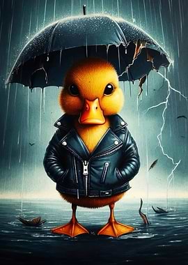 Duckling in Leather Jacket Under Umbrella
