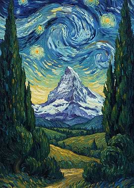 Starry Night Mountain Landscape Painting