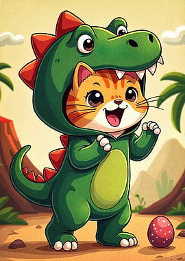 Cat in Dinosaur Costume Cartoon