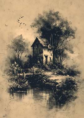 Rustic House by the Lake Drawing