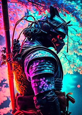 Cyberpunk Samurai in Cherry Blossom Garden