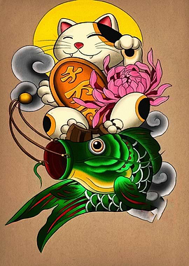 Maneki Neko, Fish, and Floral Art