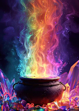 Rainbow Potion Cauldron with Crystals