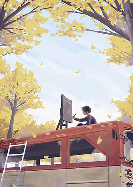 Artist on Bus Roof in Autumn