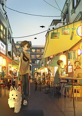 Japanese Street Scene with Dog and Cat