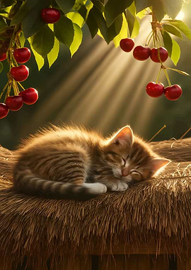 Sleeping Kitten Under Cherry Tree