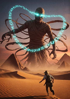 Mummy chasing explorer in desert landscape