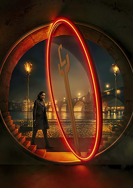 Woman, Portal, and Prague Cityscape