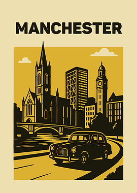 Manchester Cityscape with Car Illustration