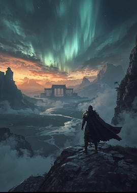 Fantasy Landscape with Warrior and Aurora
