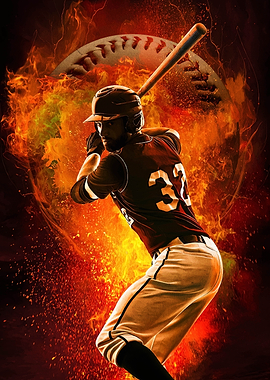 Baseball Player with Fiery Background