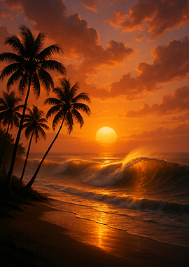 Tropical beach sunset with palm trees