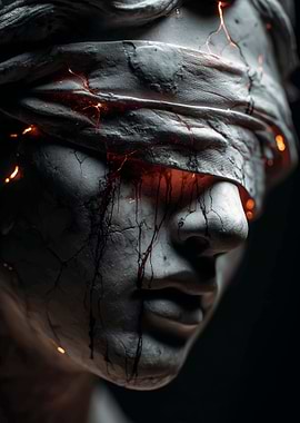Blind Justice Statue with Fiery Cracks