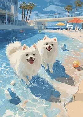 Two White Dogs Playing in Water