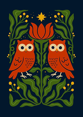 Two Owls with Floral Ornament
