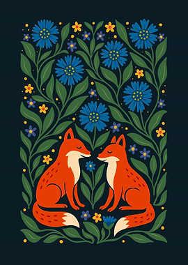 Foxes in Floral Frame Illustration