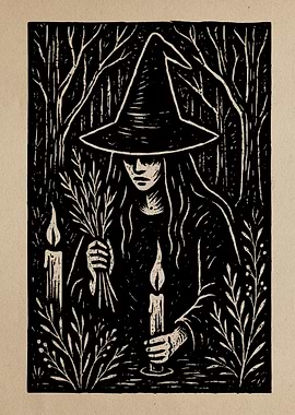 Witch in the Woods Linocut Print Art