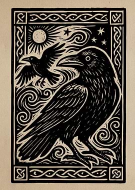 Raven Woodcut Print with Celtic Border