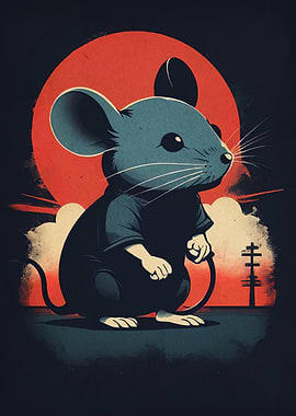 Stylized Mouse Illustration with Red Sun