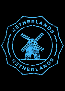 Netherlands Windmill Blue Stamp on Black