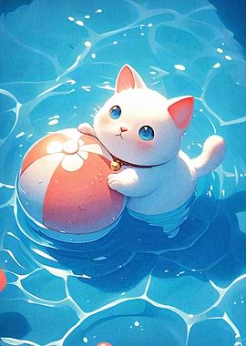 Cute Cat Swimming with Beach Ball