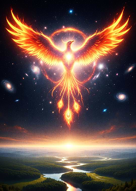 Fiery Phoenix Rising Over Landscape