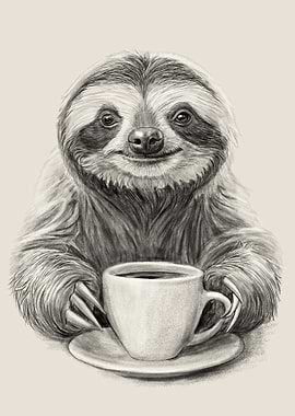 Sloth with Coffee Cup Drawing